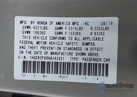 2017 Honda Accord Ex-L from USA, damaged, VIN 1HGCR2F89HA040631
